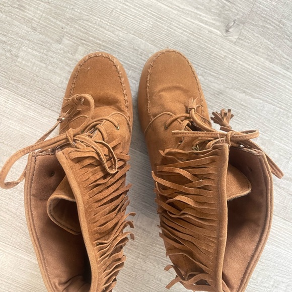 Route 66 womens rust tan faux suede fringed booties 3" wedge heels 10 - Picture 3 of 10